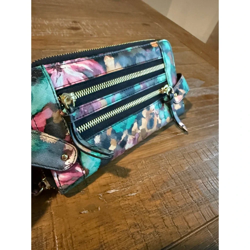 Steve Madden Floral Zip Around Wristlet Wallet Teal Pink‎ Gold Hardware